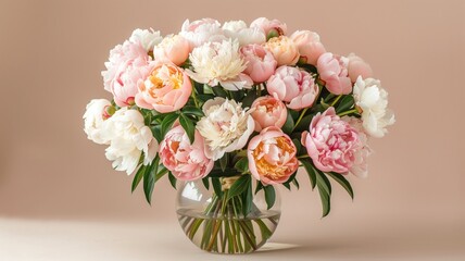 Luxurious bouquet of blooming peonies in soft pastel shades.