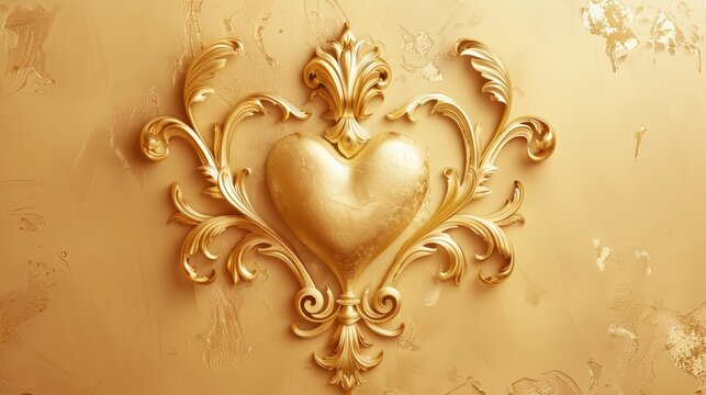   A gold heart on a golden wall, adorned with a gold filigree heart shape