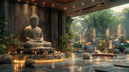 Elevate your spa experience with a wellness concept that embraces the sacred traditions of Buddhism, featuring a statue of Buddha surrounded by the soft glow of burning candles. 