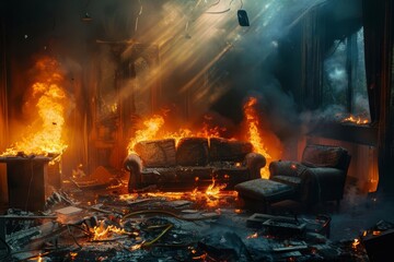 burning room interior with furniture engulfed in flames smoke and soot dramatic fire scene