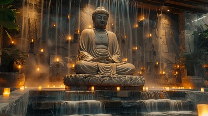 Elevate your spa experience with a wellness concept that embraces the sacred traditions of Buddhism, featuring a statue of Buddha surrounded by the soft glow of burning candles