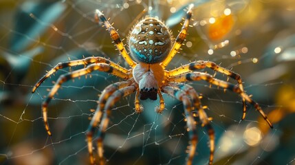 Capture the ethereal beauty of a golden silk orb weaver as it navigates its intricate web, weaving a tapestry of shimmering silk in the dappled sunlight. This captivating image offers a glimpse