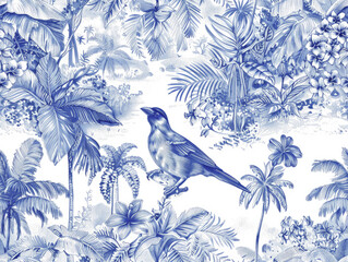 Fototapeta premium Blue and white watercolor seamless pattern. Vintage floral foliage 