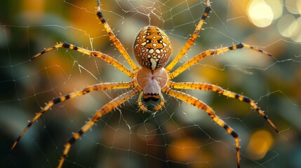 Capture the ethereal beauty of a golden silk orb weaver as it navigates its intricate web, weaving a tapestry of shimmering silk in the dappled sunlight. This captivating image offers a glimpse 