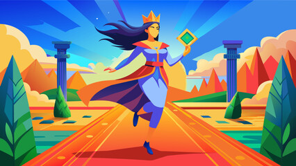 tarot card wit running caucasian queen with black hairs