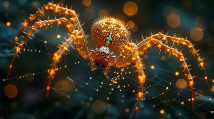 Transport yourself to the enchanting world of spiders with a mesmerizing image of a golden silk orb weaver, its delicate form illuminated by the soft glow of morning light as it navigates