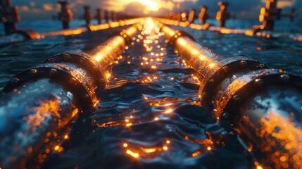 Undersea internet cables. Submarine communications cable. Underwater view of parallel pipelines stretching into the distance along a sandy ocean floor