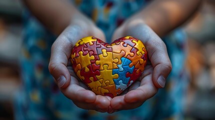 During World Autism Awareness Day, a heart puzzle or jigsaw pattern with child's hands is seen.