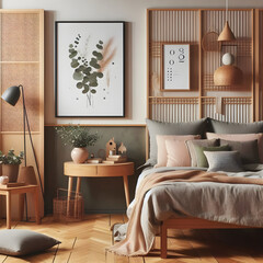 Stylish composition of modern bedroom interior. Mock up poster frame, wooden night table, bed, folding screen and creative personal accessories. Eucalyptus wall. Template. Copy space.