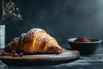 cinematic food photography of french croissants best puff pastry dessert studio background