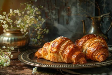 cinematic food photography of french croissants best puff pastry dessert studio background
