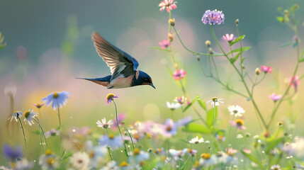 Amidst a field of wildflowers, a barn swallow flits gracefully, a fleeting glimpse of beauty.
