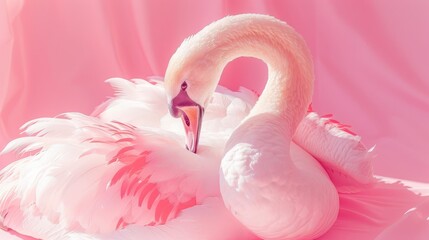   A tight shot of a flamingo against a pink backdrop, its head positioned at the flamingo's chest area