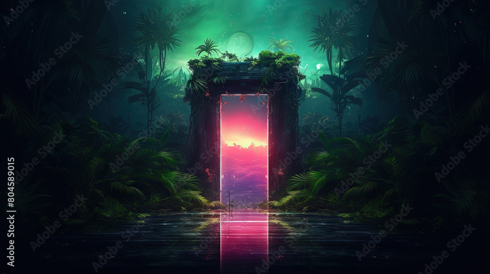 Poster mysterious door or portal with neon light in the jungle in synthwave style.