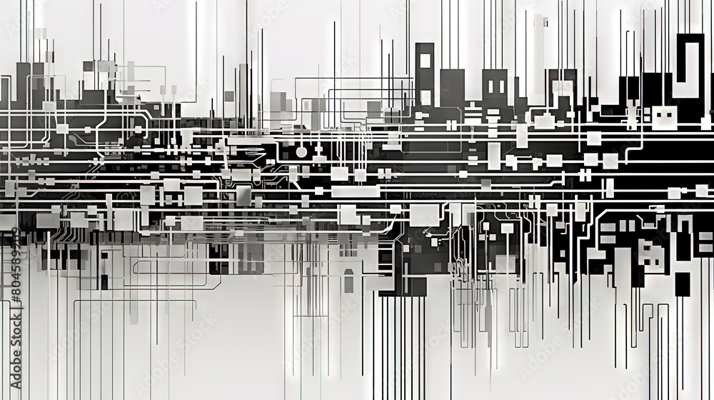 Poster abstract circuit board concept with black track lines on white background.