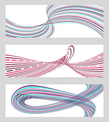 Obraz premium Wavy lines or ribbons. Set of 3 backgrounds. Multicolored striped gradient. Creative unusual background with abstract gradient wave lines to create a trendy banner, poster. vector eps