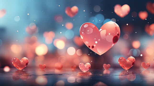 Beautiful Hearts on a Bluish Blurry Background In The Style of Light Pink and Crimson