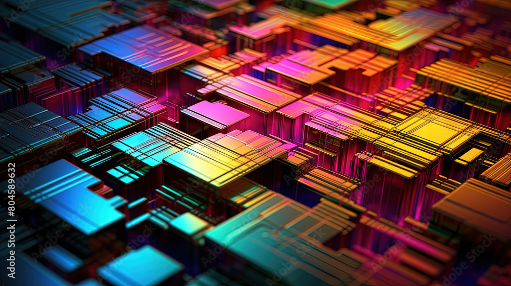 Poster Abstract motherboard structure with blocks and chips in purple and blue neon lights. Technology background with microchips on hardware circuitboard.