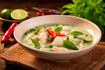 delicious thai food: green curry in a white bowl