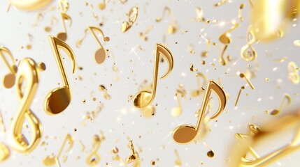 Golden music notes flying in the air against a white background, rendered in 3D.