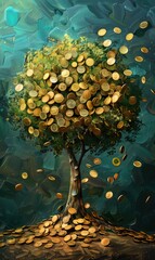 A vibrant painting of a tree with coins for leaves, suggesting the concept of a "money tree