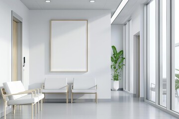 empty white poster mockup on wall in modern hospital waiting room with medical equipment