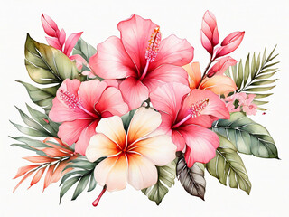 Tropical bouquet Hand drawn watercolor painting with pink chinese hibiscus rose flowers frangipani and palm leaves isolated on white background Floral summer composition Design element