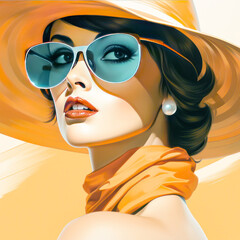 Sensual beautiful woman in hat minimal artwork. Surreal apricot vivid portrait, fashionable painting illustration for printing , poster or wallpaper, summertime advert