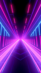 Futuristic techno Sci-fi neon glowing lines background. Digital artwork. Reflections on the floor and ceiling. Virtual 3D background, representation for business