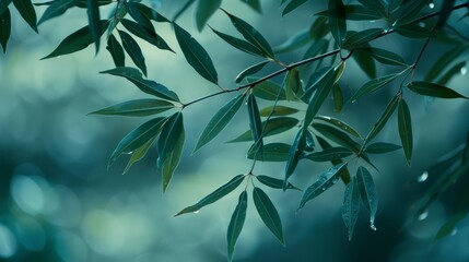 Obraz premium A tight shot of a tree branch, adorned with water-dotted leaves, against a softly blurred backdrop