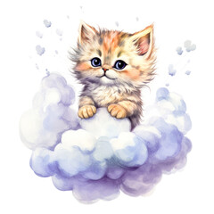 Cute little cat with big eyes flying on a cloud kids cartoon illustration digital artwork isolated on white. Funny baby kitten, hand drawn watercolor for package, postcard, brochure, book