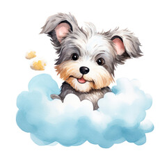 Cute little puppy with big eyes flying on a cloud kids cartoon illustration digital artwork isolated on white. Funny baby dog, watercolor for, package, postcard, brochure, book