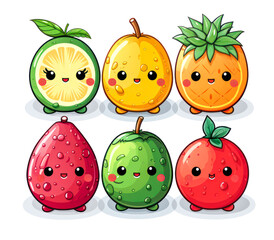 Cute cartoon fruits set. Kawaii characters emoji fruit, apple, peach, orange, pear and lemon, 3d style. Funny emoticon food illustration for phone case, kids, package, sticker, patch and other design