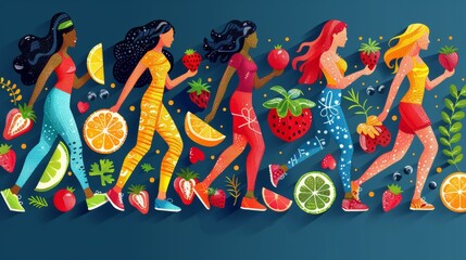 Healthy lifestyle concept modern illustration on blue background. Good food, exercise, healthcare, and relaxation in flat design. Maintain good health at all times.