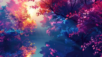 A beautiful landscape with a river flowing through a forest with pink, blue and purple trees.