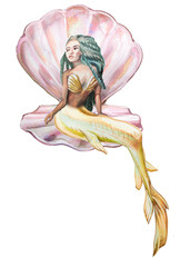 Mermaid illustration isolated on white. Watercolor fairytale concept painting.