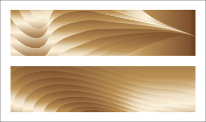 Wavy golden parallel gradient lines, ribbons, silk. Golden with shades of yellow background, banner, poster. Set of 2 backgrounds. Eps vector