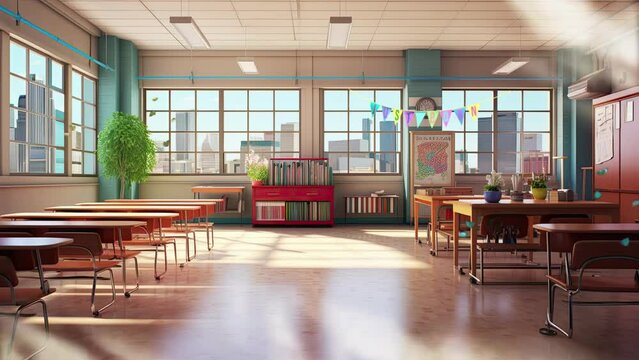 back to school empty classroom background with anime or cartoon style. seamless looping time-lapse virtual video animation background.	