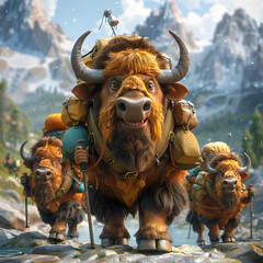 A 3D animated cartoon render of a brave bison leading hikers to safety.
