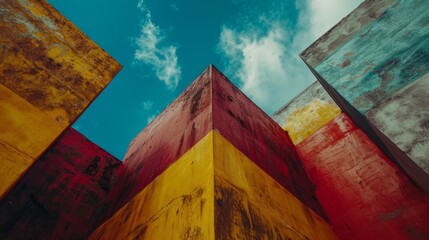   A red, yellow, and blue structure against a blue backdrop with scattered white clouds - Powered by Adobe