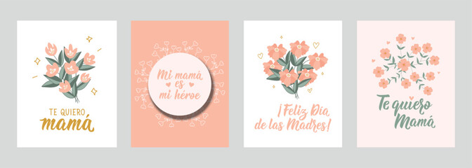 Set of Mother's day phrases in Spanish. My mother is a heroine, Love you mom, Happy Mother's Day - in Spanish. Lettering. Ink illustration.