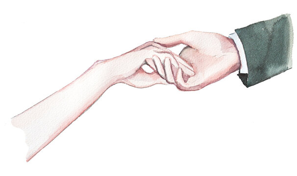 Handshake between man and woman isolated on white.Love and romance concept watercolor painting.