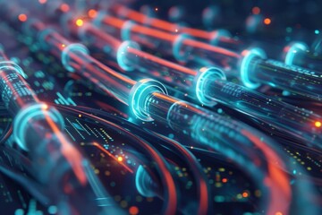 glowing data cables transferring information inside computer server web banner concept abstract technology background 3d illustration