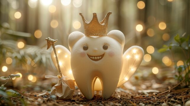 This is National Tooth Fairy Day. Children's tooth fairy with wings, a crown, a magic wand, and a bag filled with teeth.