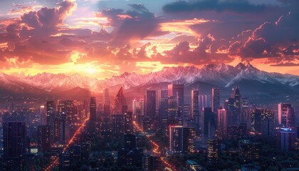 Artistic rendering of a city skyline at dusk with mountains superimposed in the background, blending urban life with rugged nature, high detailed