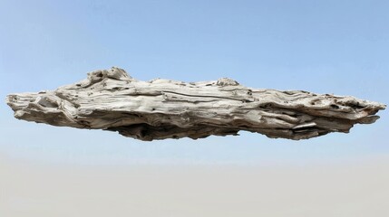   A sizeable driftwood piece atop a sandy beach, adjacent to a body of water and a blue sky - obrazy, fototapety, plakaty