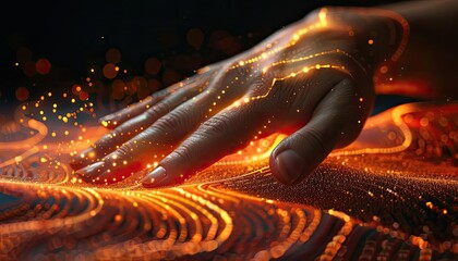 Conceptual image of a hand placing a palm on a digital surface, with biometric waves emanating from contact points, symbolizing secure access, high detailed
