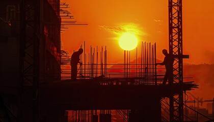 Silhouette of workers unloading rebar at dawn, the early light casting long shadows over the construction site, symbolizing the start of a productive day, 8K resolution