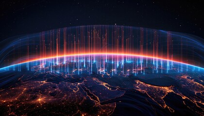 Visual metaphor of a 5G signal wrapping around the Earth, signifying the worldwide reach and impact of nextgeneration networks, super detailed