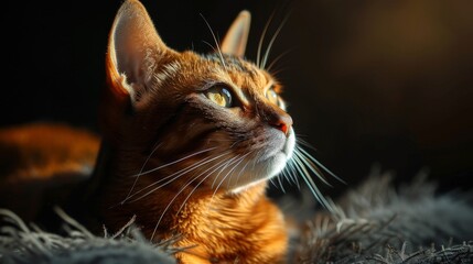 Elegant cat portraits featuring various breeds in regal poses, illuminated by artistic lighting that highlights their unique features.